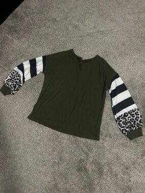 Olive Knit Top with Striped and Leopard Balloon Sleeves
